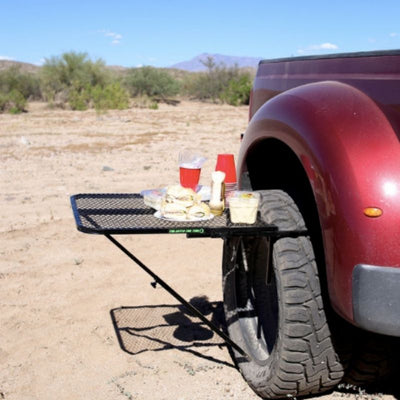 aluminum tailgater table on red truck